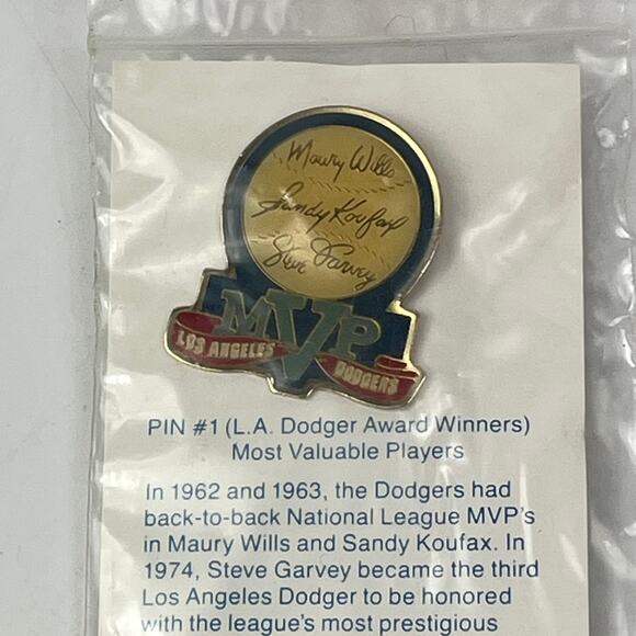 Unocal 76 LA Dodgers MVP Pin #1 Maury Wills Sandy Koufax Steve Garvey NOS - Picture 2 of 3